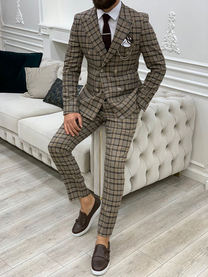 Vince Brown Slim Fit Double Breasted Plaid Suit