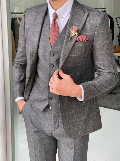 Bosco Gray Slim Fit Peak Lapel Plaid Wool Suit