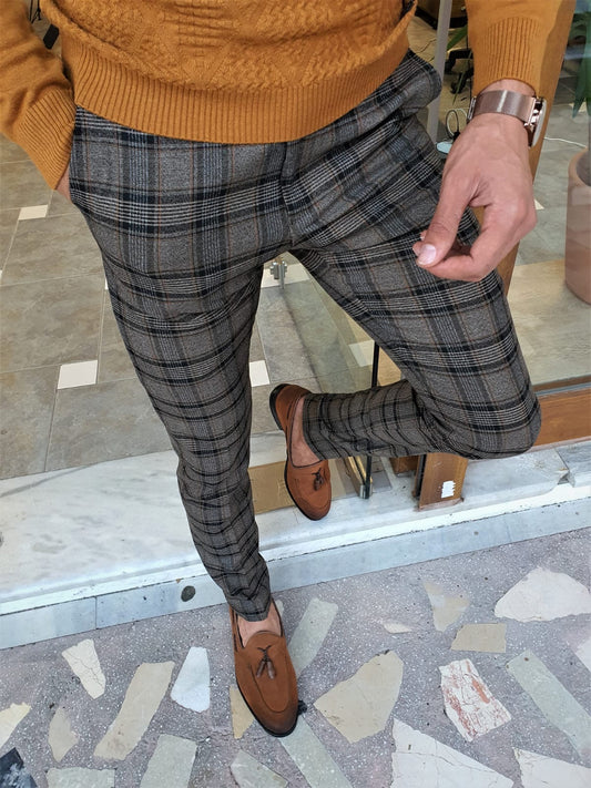 Henderson Camel Slim Fit Plaid Pants