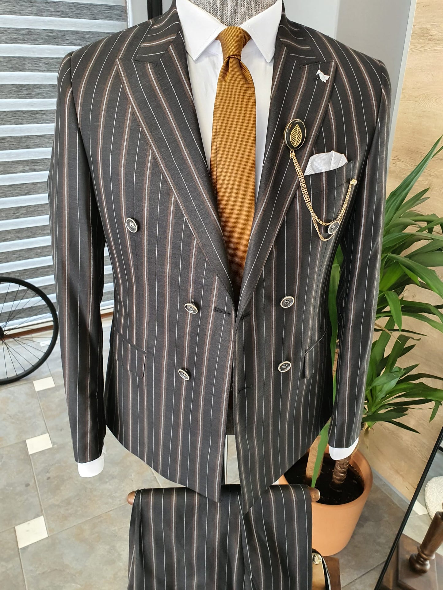 Berton Black Slim Fit Double Breasted Pinstripe Suit