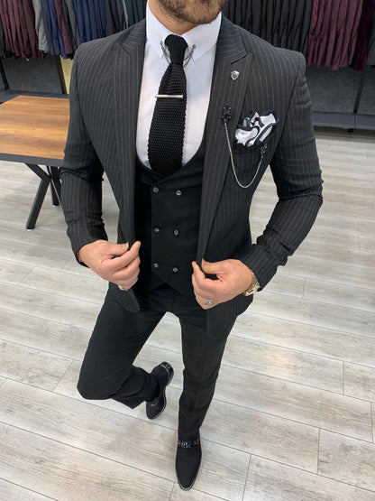 London Black Slim Fit Pinstripe Suit