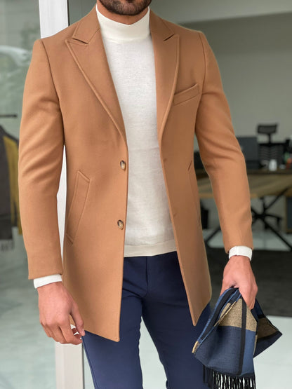 Viena Camel Slim Fit Single Breasted Wool Long Coat