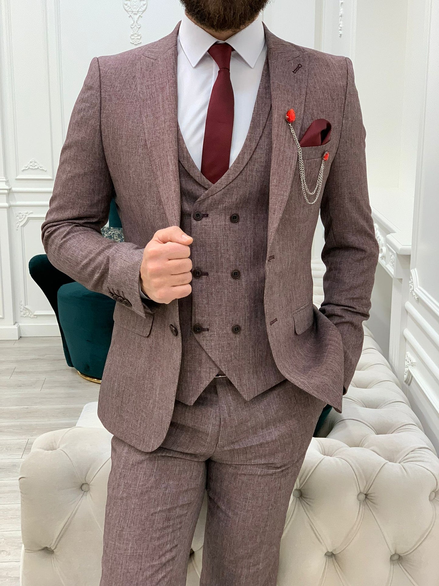 Bergen Burgundy Slim Fit Peak Lapel Crosshatch Suit