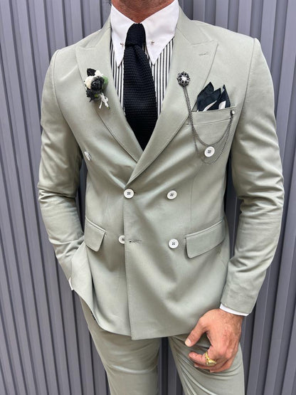 Sorento Mint Slim Fit Pinstripe Double Breasted Cotton Suit