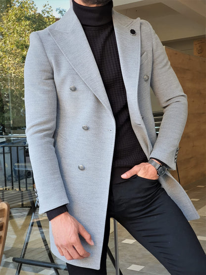 Stefano Gray Slim Fit Wool Long Coat