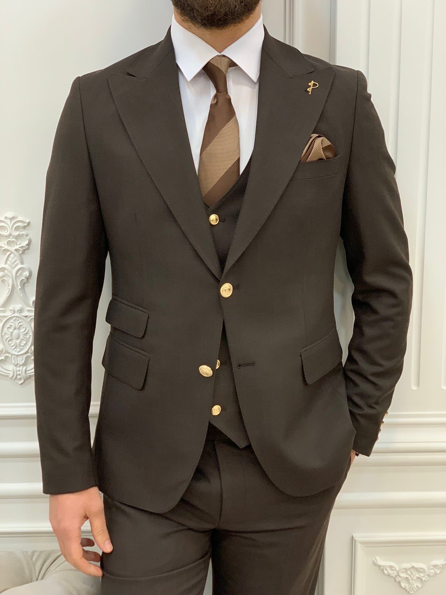 Nile Dark Brown Slim Fit Peak Lapel Suit