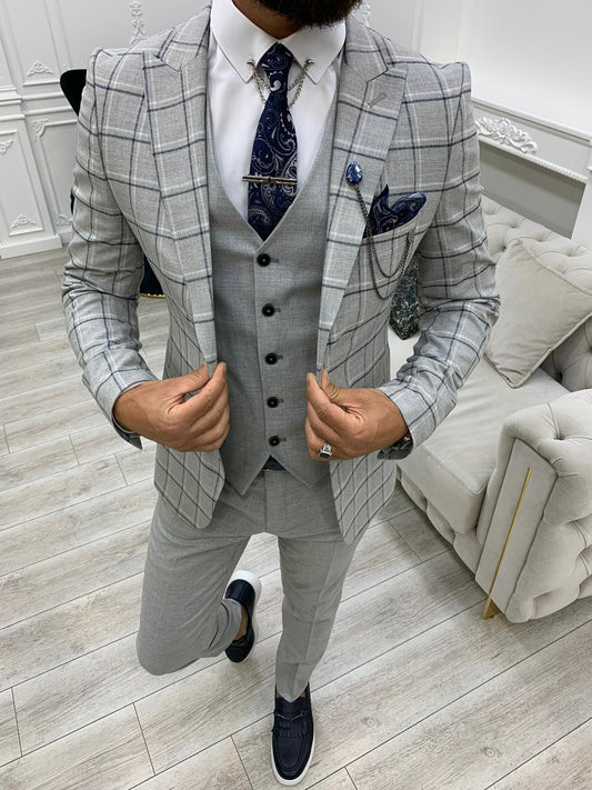 Olympia Gray Slim Fit Peak Lapel Plaid Suit