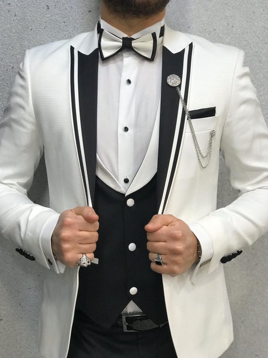 Infinite White Tuxedo with Black Vest - Timeless Elegance for Men