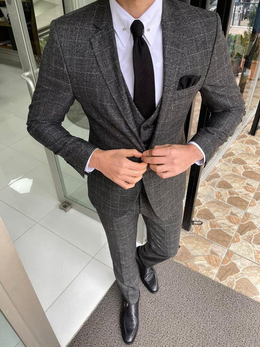 Bergen Black Slim Fit Notch Lapel Plaid Wool Suit