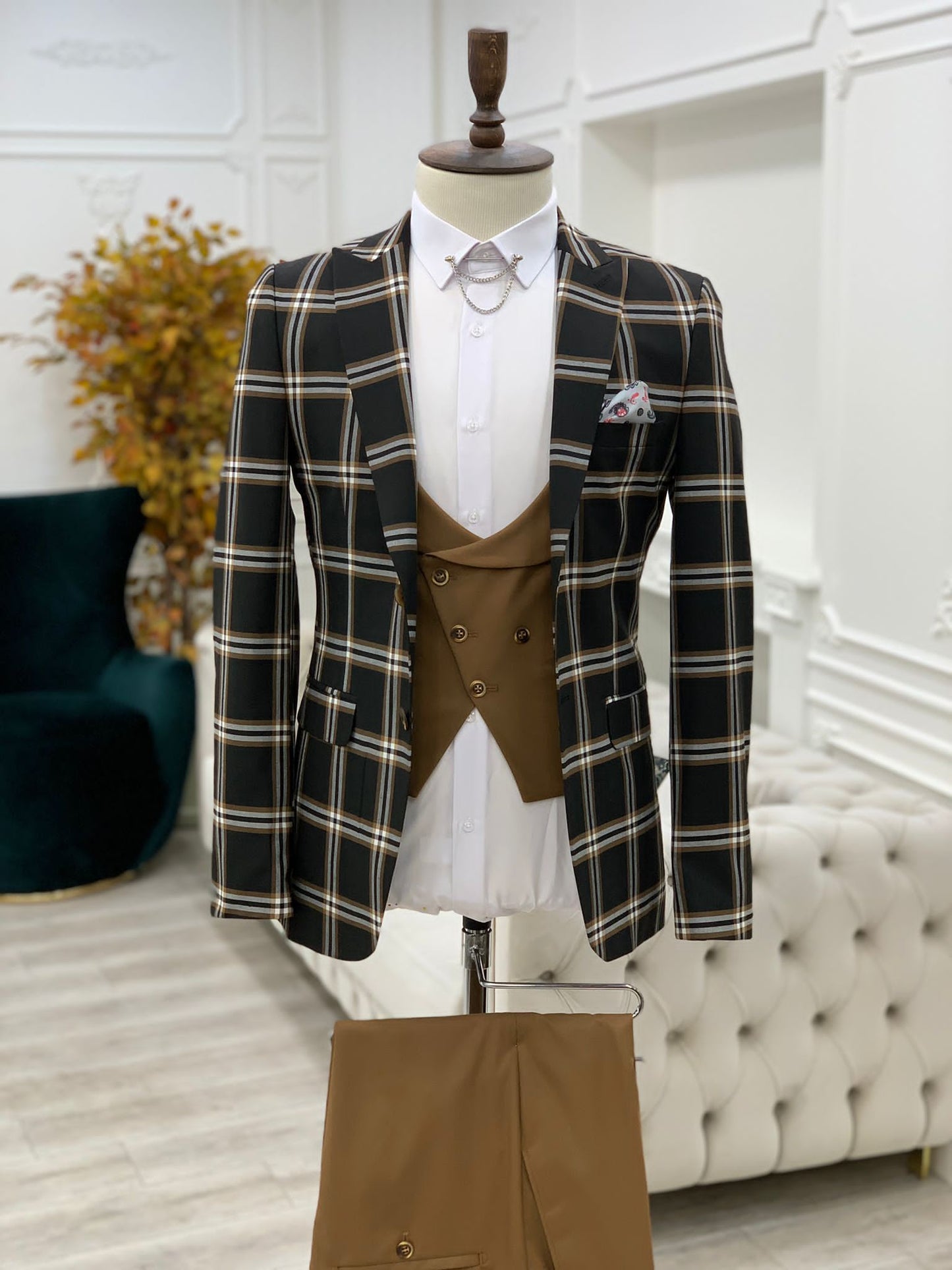 Florian Black Slim Fit Peak Lapel Plaid Suit