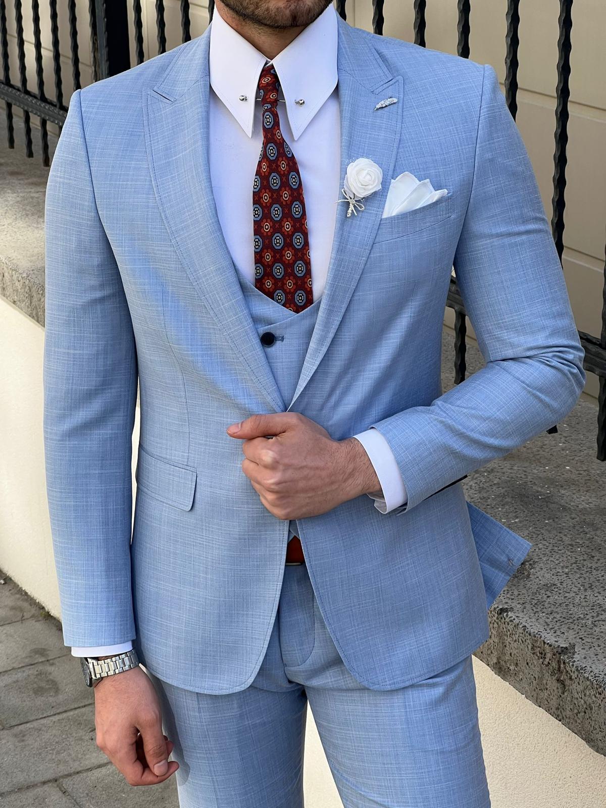 Edmond Sky Blue Slim Fit Peak Lapel Wool Suit