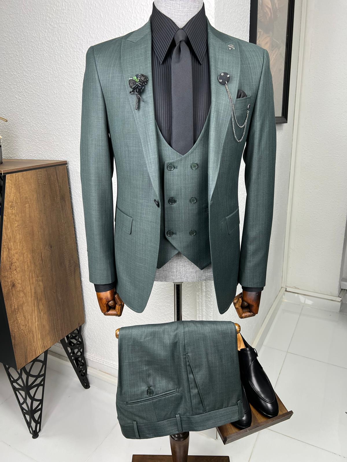 Veneta Slim Fit High Quality Self-Patterned Green Suit