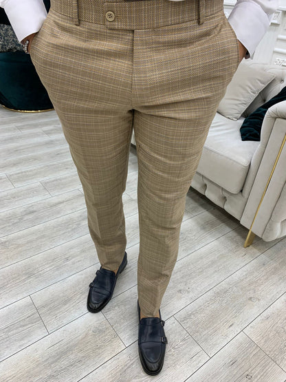 Vince Beige Slim Fit Double Breasted Striped Suit
