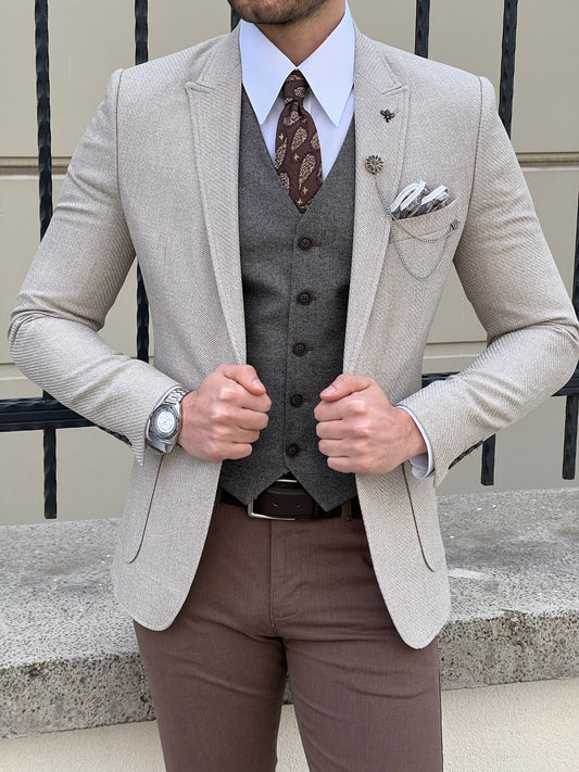 Edmond Beige Slim Fit Peak Lapel Combination Wool Suit