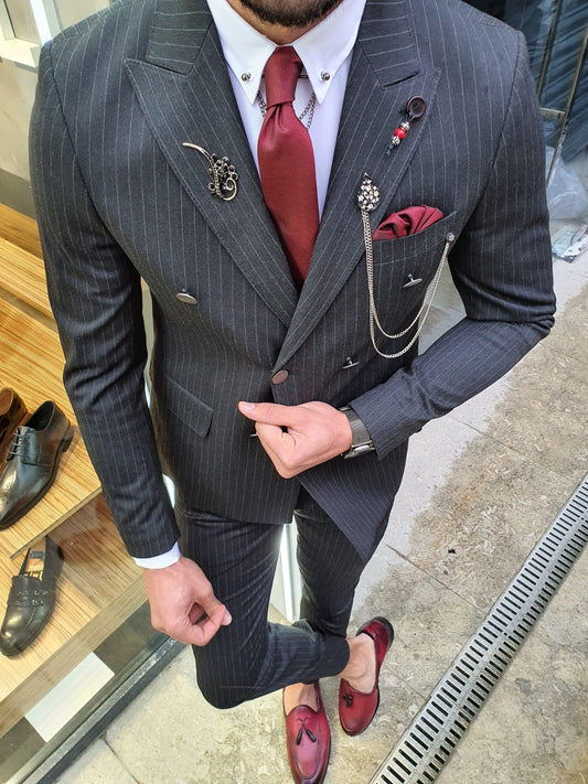 Olympia Black Slim Fit Double Breasted Pinstripe Suit