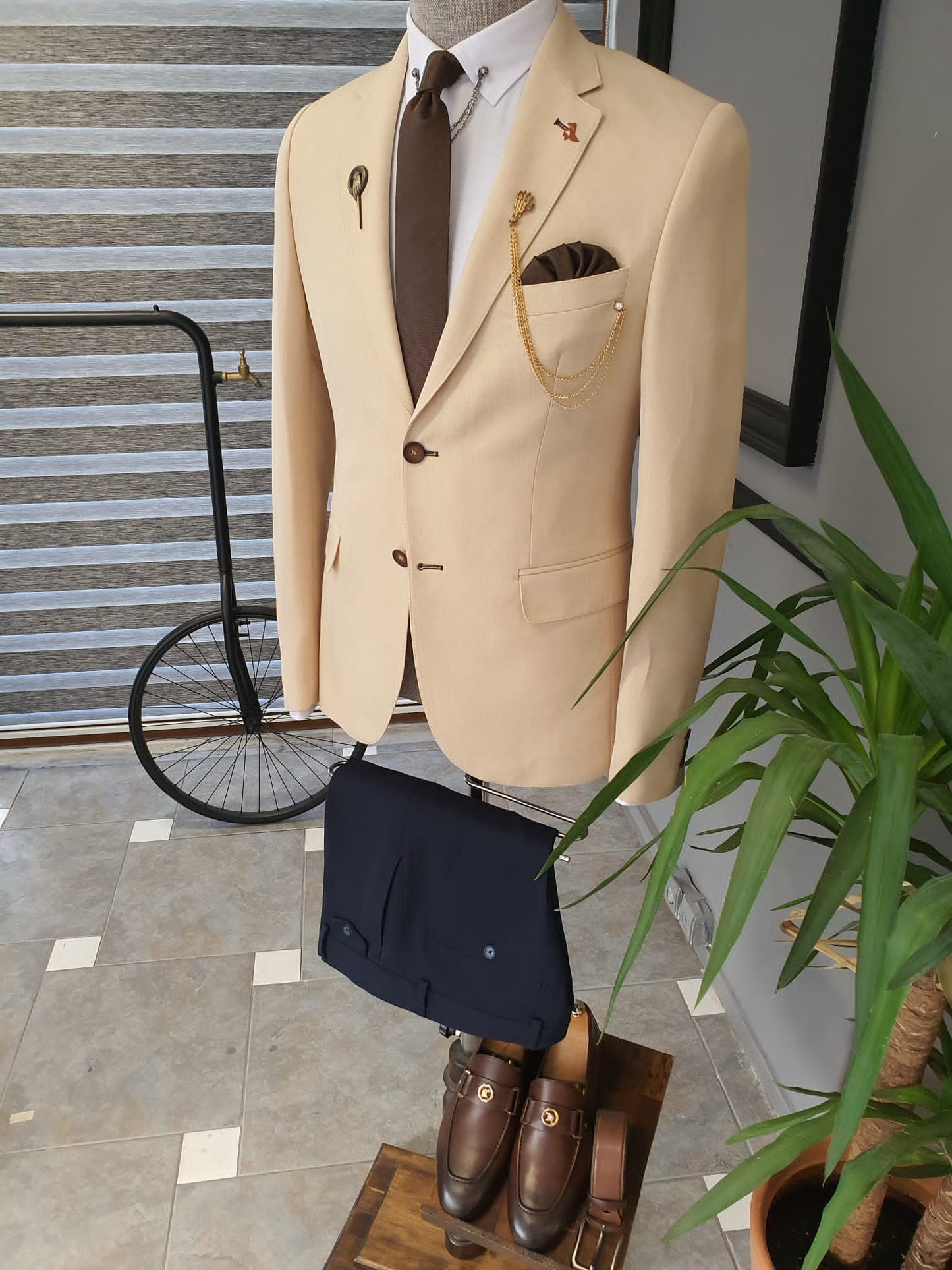 Berton Beige Slim Fit Notch Lapel Cotton Suit