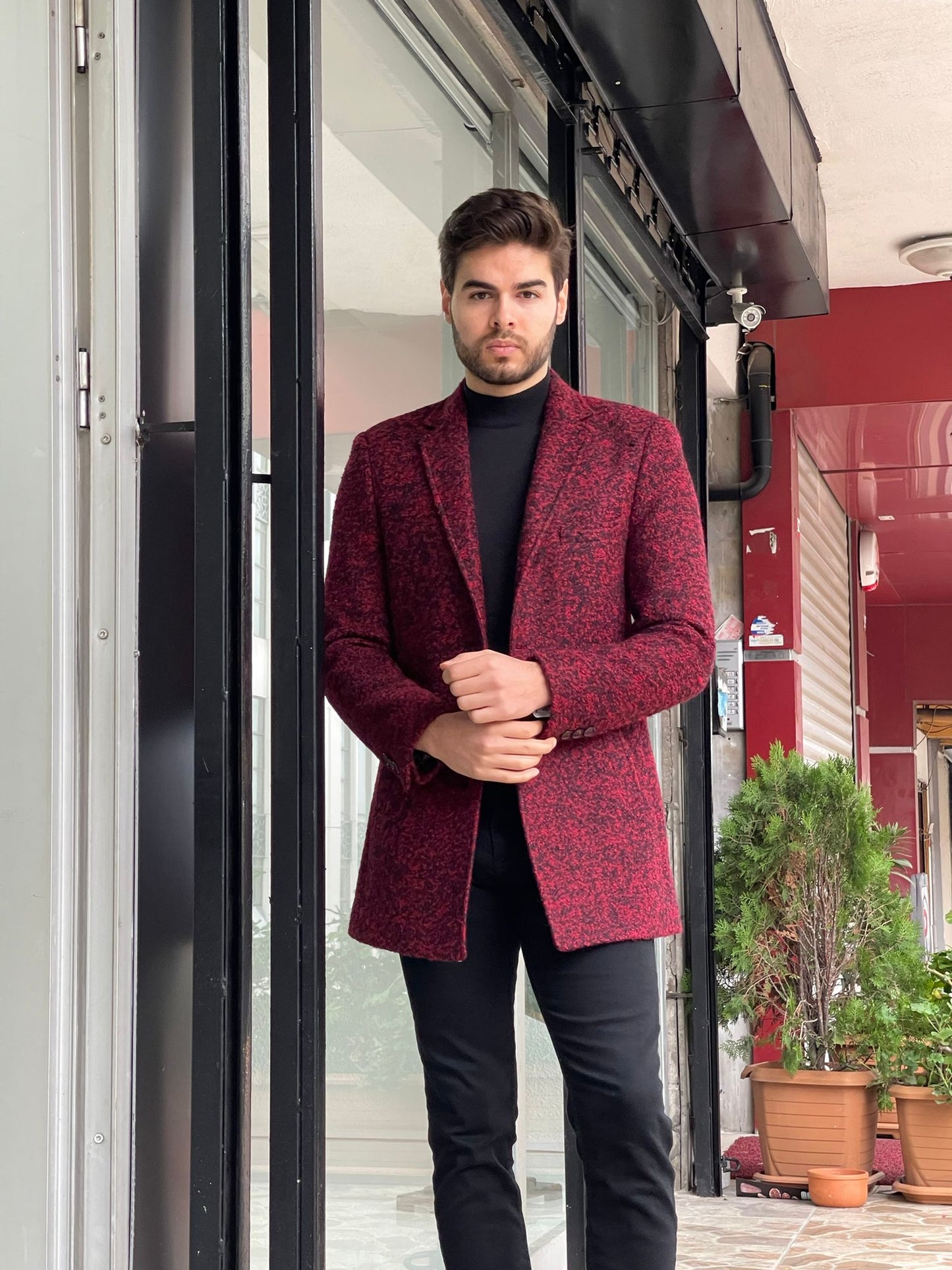 Davis Red Patterned Wool Coat