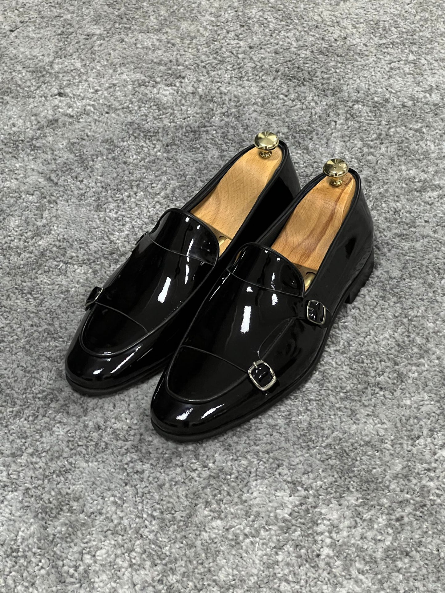 Lenzi Special Edition Neolite Sole Double Monk Shiney Leather Black Shoes