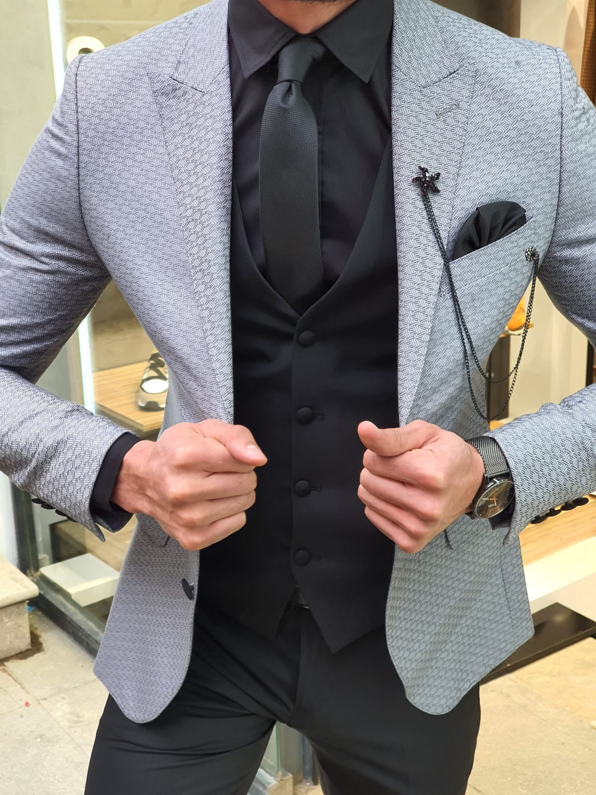 VillaNova Gray Slim Fit Patterned Suit