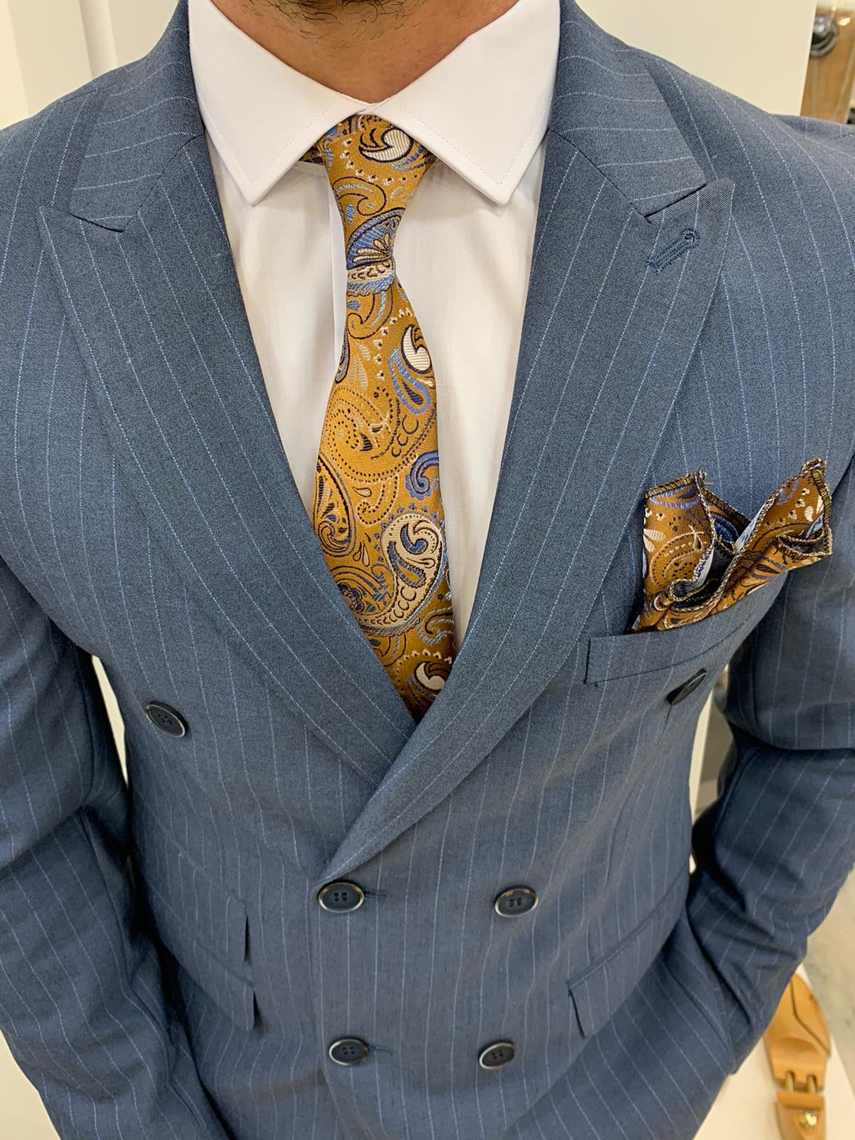 Milano Blue Slim Fit Double Breasted Pinstripe Suit