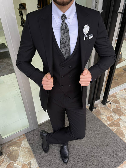 Tallin Black Slim Fit Peak Lapel Wool Suit