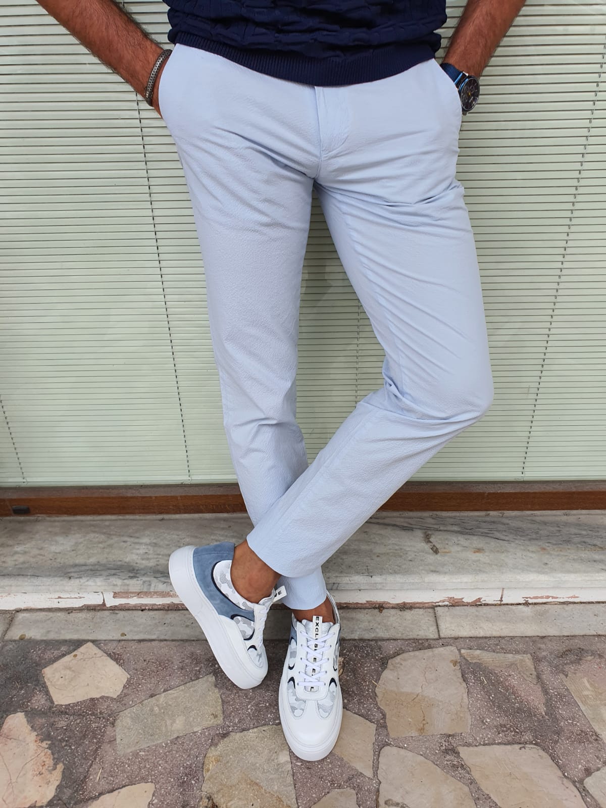 Berton Blue Slim Fit Cotton Pants