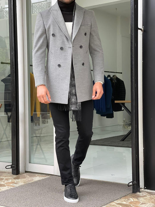 Viena Gray Slim Fit Double Breasted Wool Long Coat