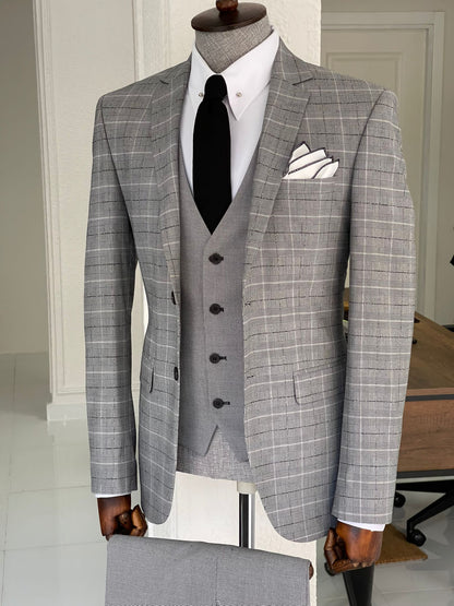 Toros Gray Slim Fit Notch Lapel Plaid Wool Suit