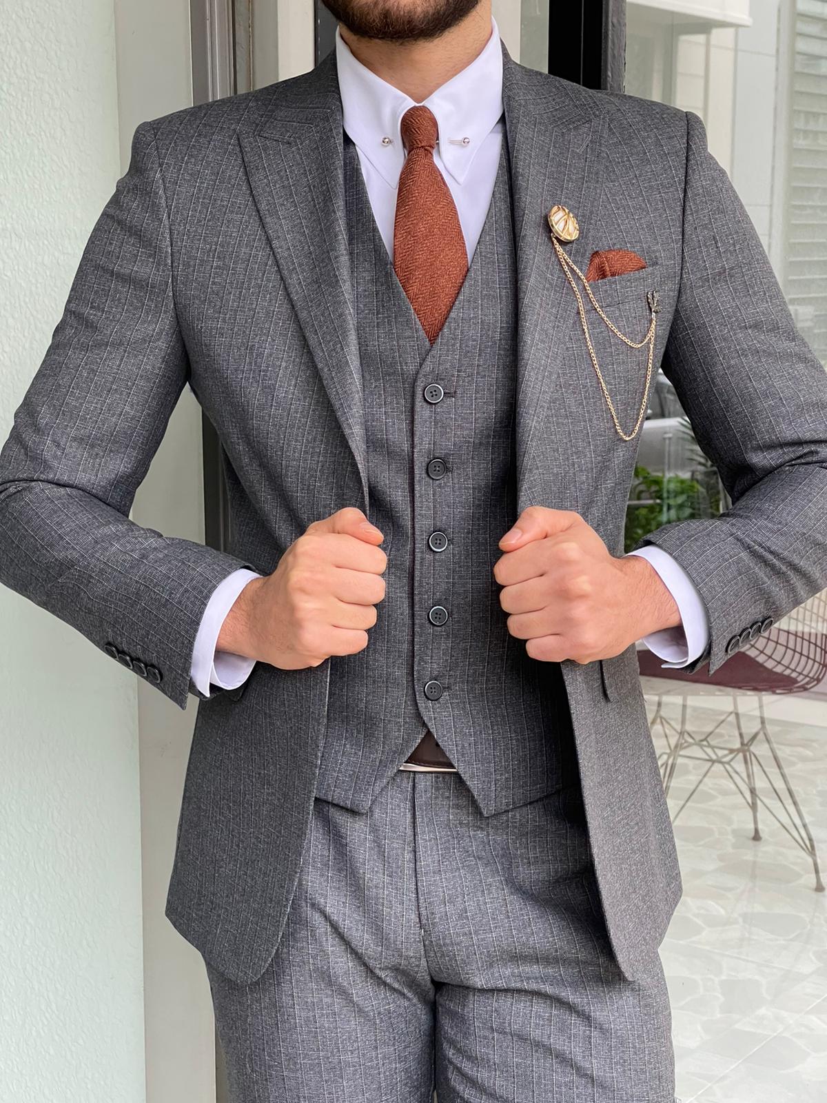 Sarpa Gray Slim Fit Peak Lapel Plaid Wool Suit