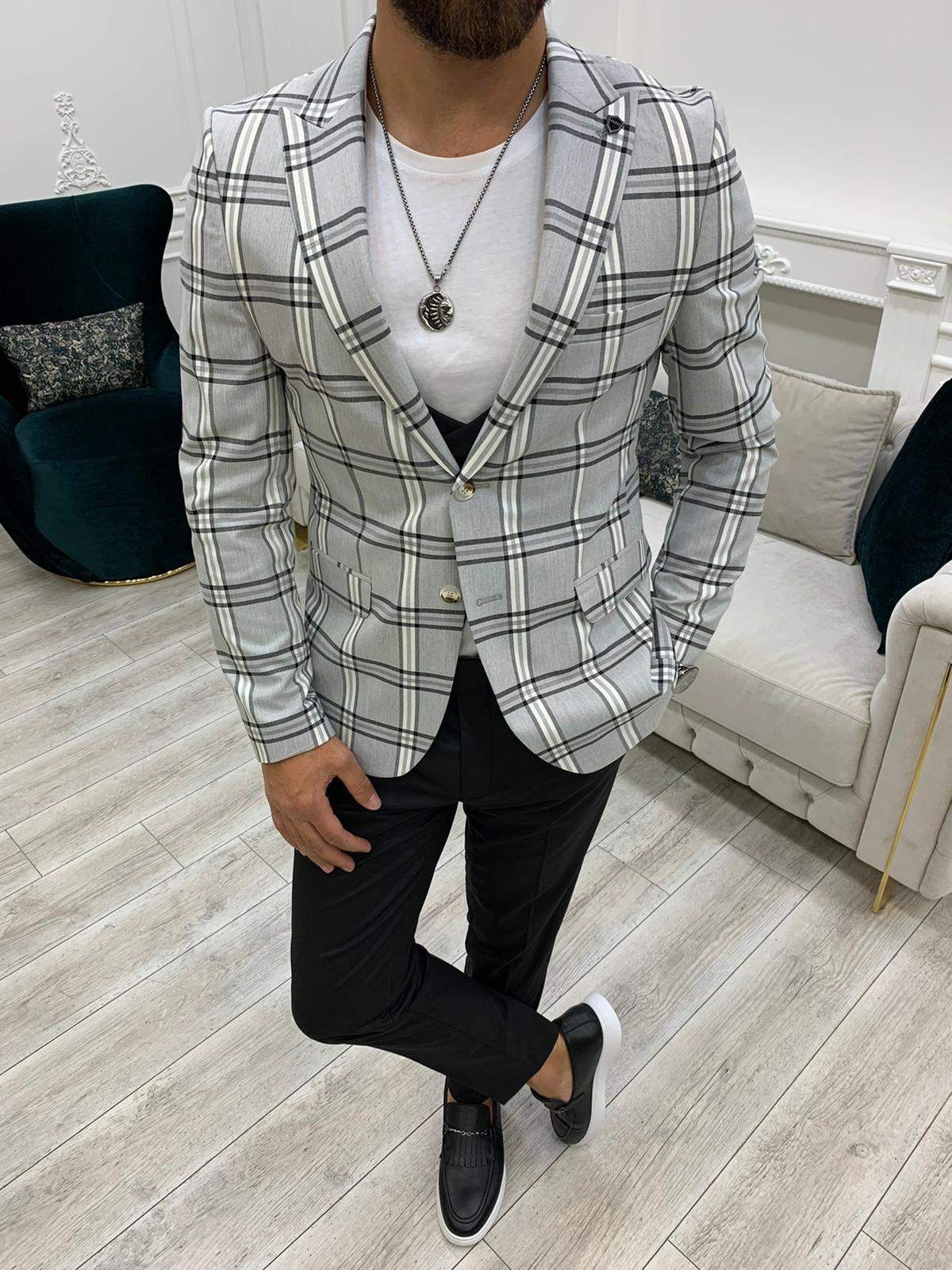 Florian Gray Slim Fit Peak Lapel Plaid Suit
