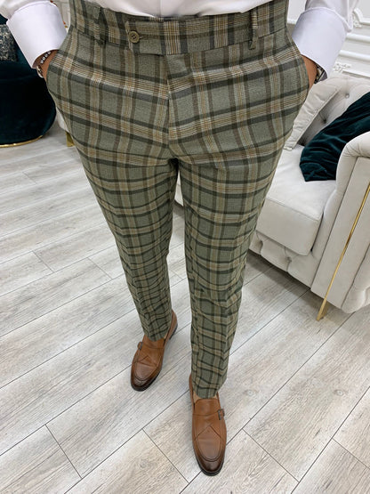 Vince Khaki Slim Fit Double Breasted Plaid Suit