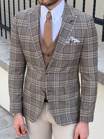 Edmond Beige Slim Fit Peak Lapel Plaid Check Wool Suit