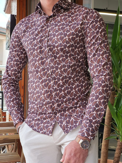 Brabion Aron Brown Slim Fit Leaves Pattern Long Sleeve Cotton Shirt