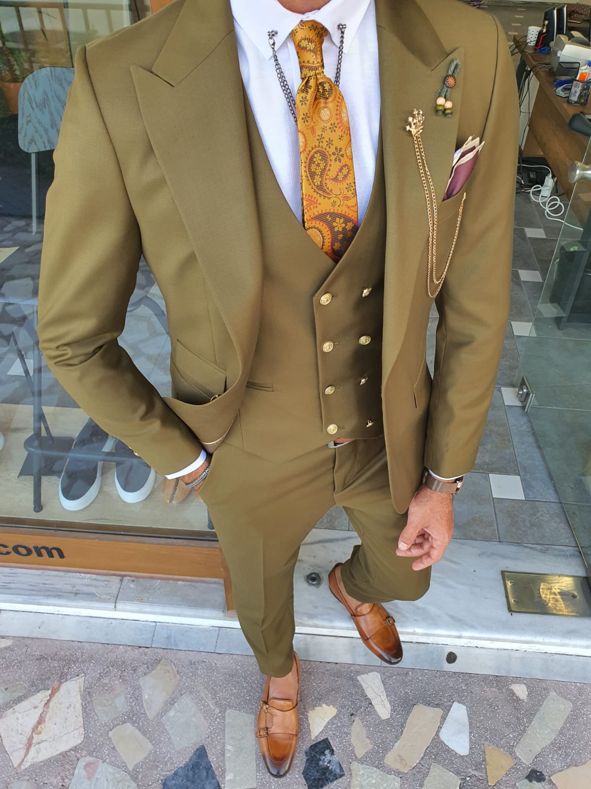 Boston Khaki Slim Fit Peak Lapel Wool Suit