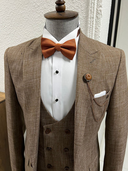 Lenzi Slim Fit Pointed Collared Brown Woolen Suit