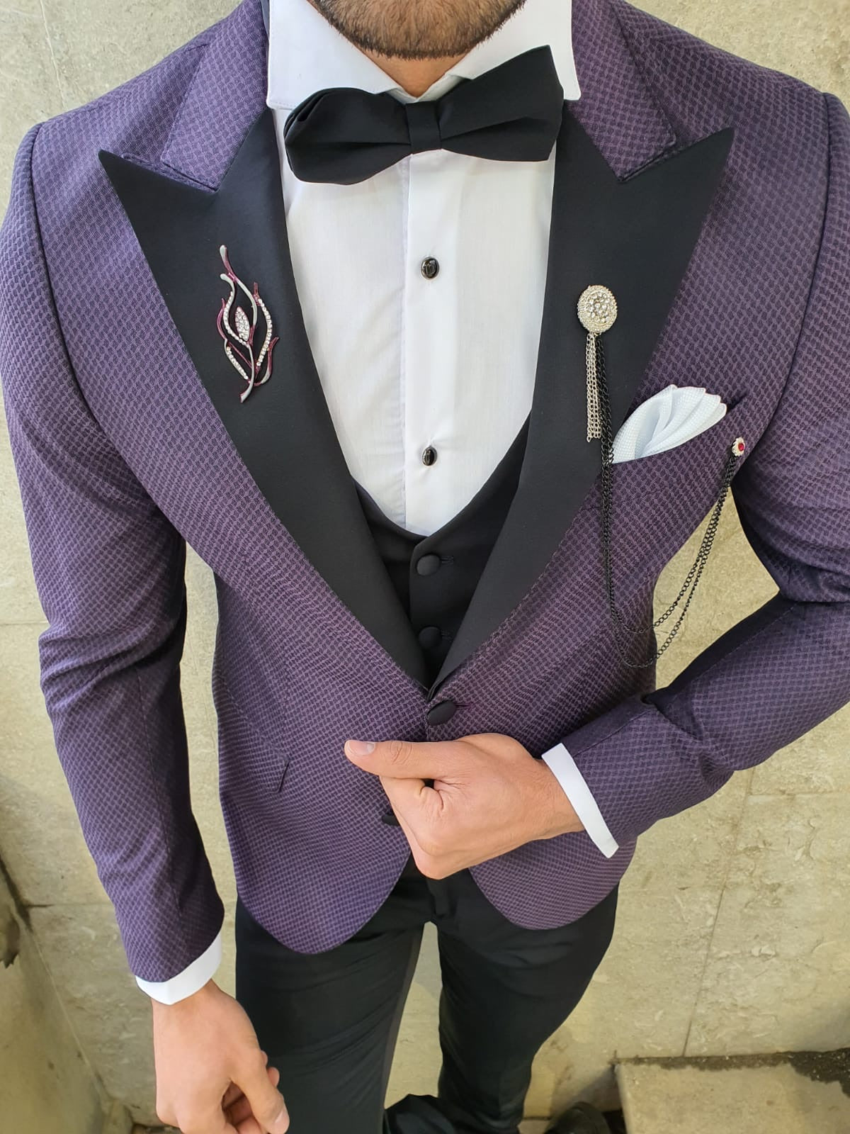 VillaNova Purple Slim Fit Patterned Tuxedo