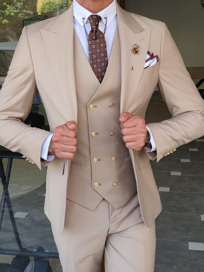 Boston Beige Slim Fit Peak Lapel Wool Suit