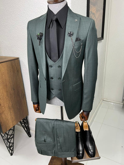 Veneta Slim Fit High Quality Self-Patterned Green Suit