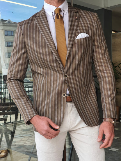 Montreal Brown Slim Fit Striped Blazer