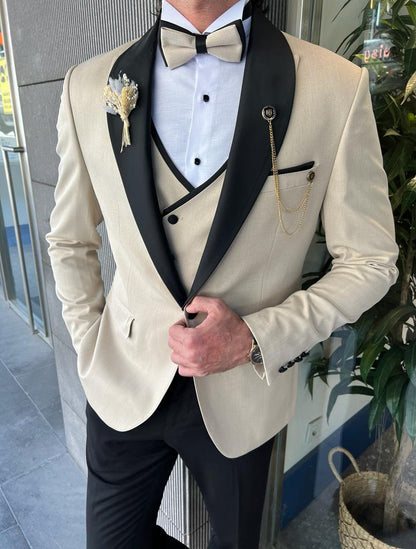 Bensen Slim Fit Mono Collared Beige Groom Suit