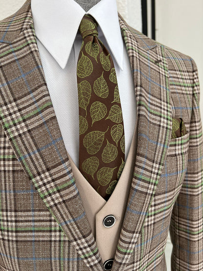 Lenzi Slim Fit Pointed Collared Beige & Khaki Combination Suit