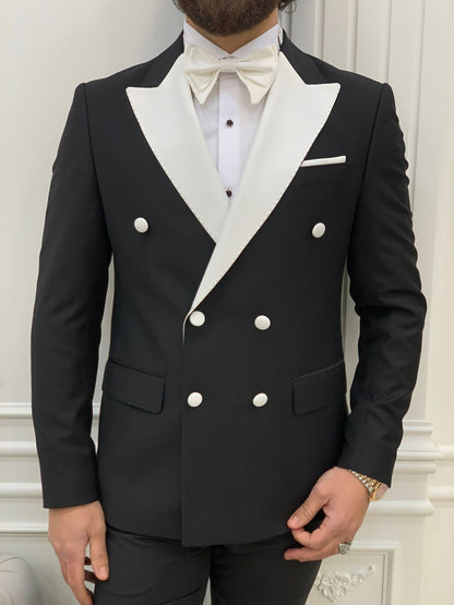 Paris White Black Slim Fit Double Breasted Tuxedo