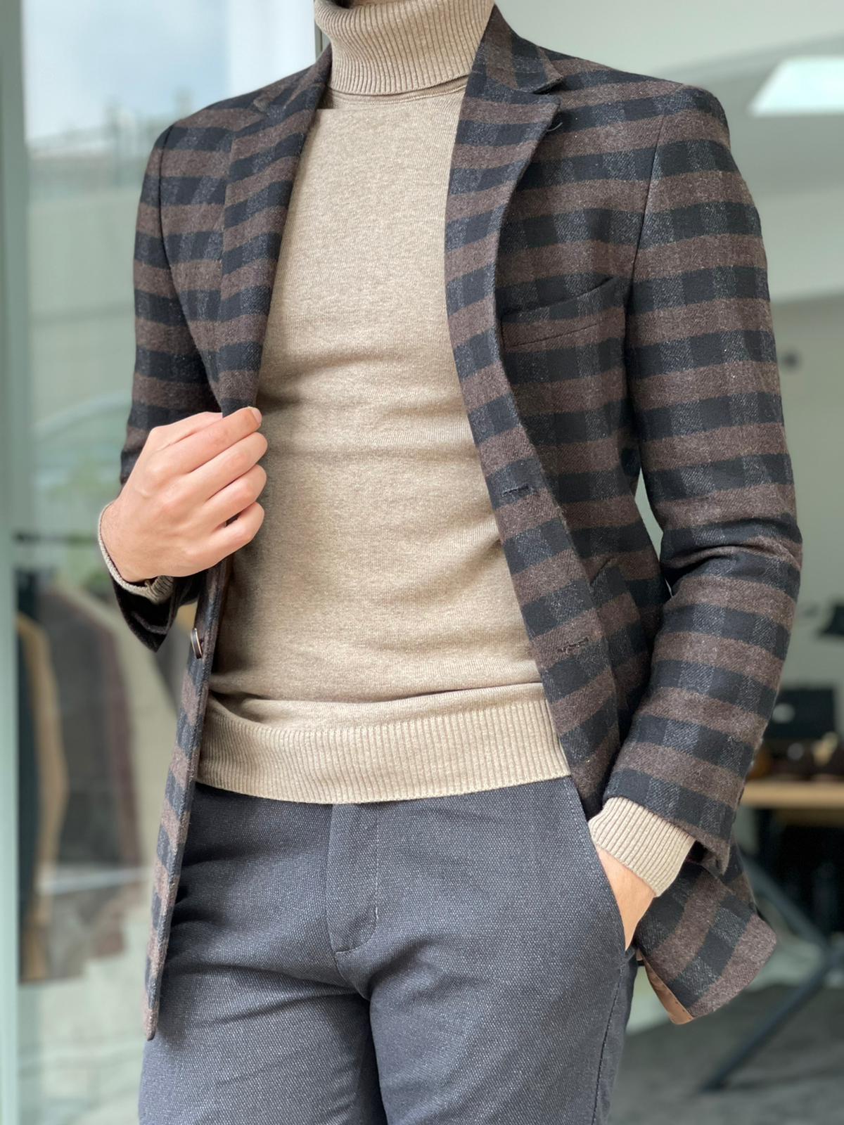 Melbourne Brown Slim Fit Plaid Wool Long Coat