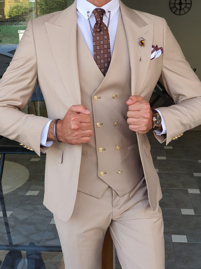 Boston Beige Slim Fit Peak Lapel Wool Suit