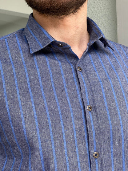 Stefano Indigo Slim Fit Striped Cotton Shirt