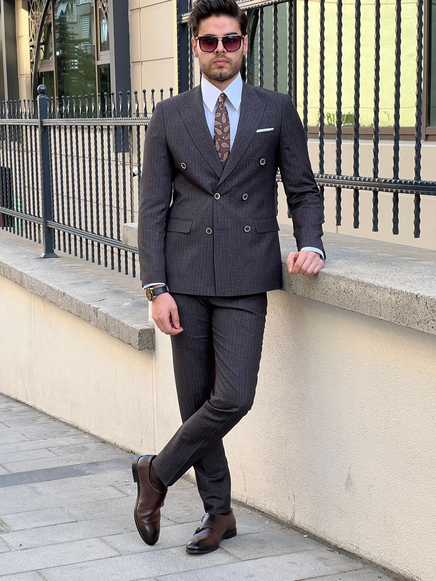 Edmond Black Double Breasted Pinstripe Wool Suit