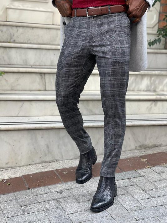 Lazio Black Slim Fit Plaid Pants