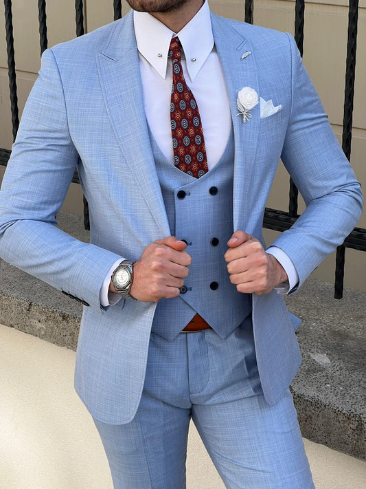 Edmond Sky Blue Slim Fit Peak Lapel Wool Suit