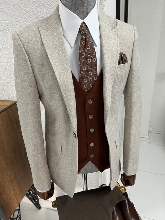 Lenzi Slim Fit Pointed Collared Beige Combination Suit