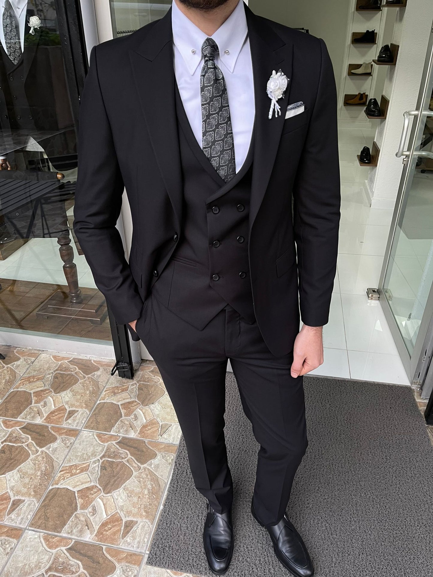 Tallin Black Slim Fit Peak Lapel Wool Suit